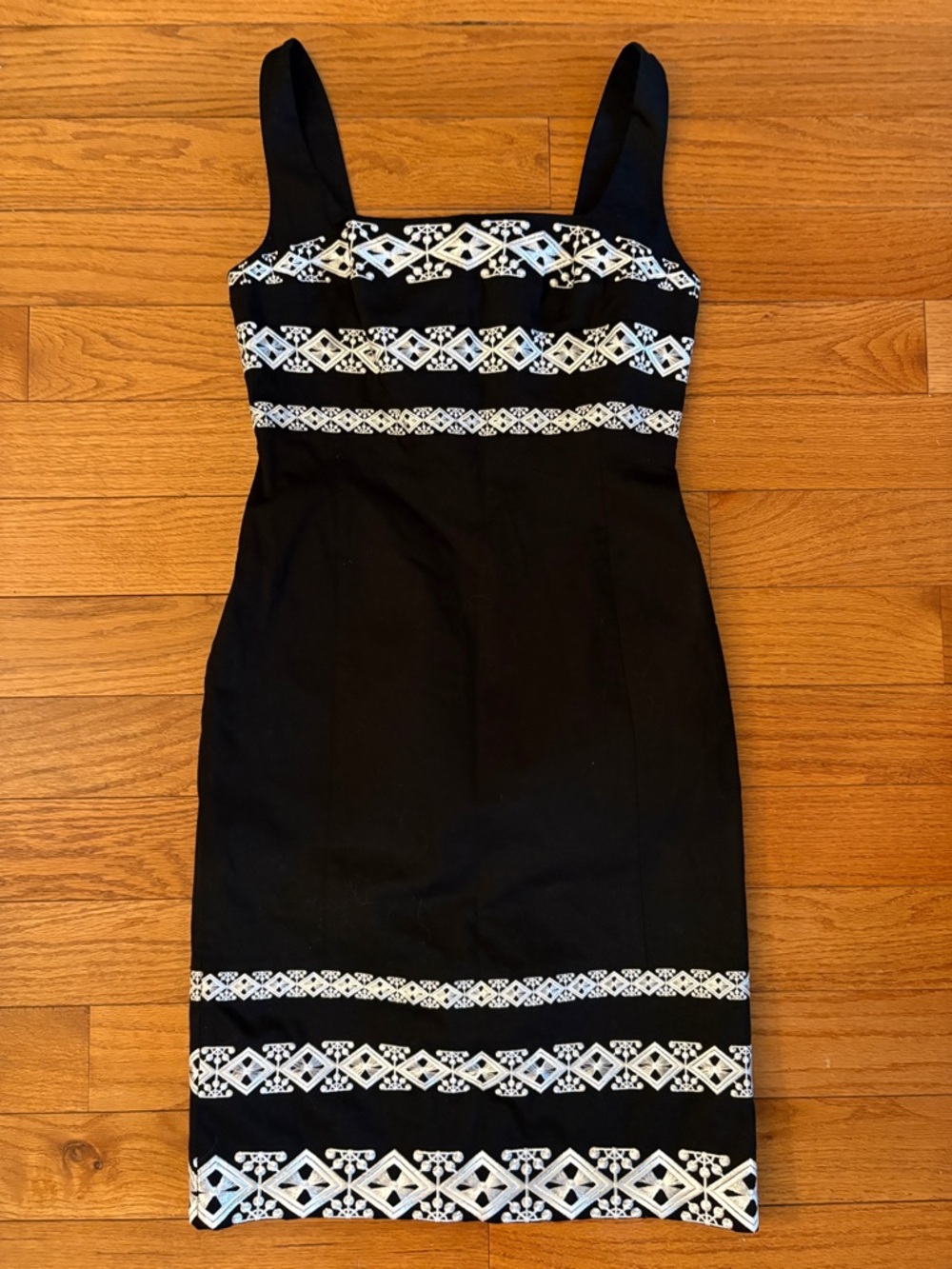 White House Black Market Black Midi Dress with White Embroidered Bands